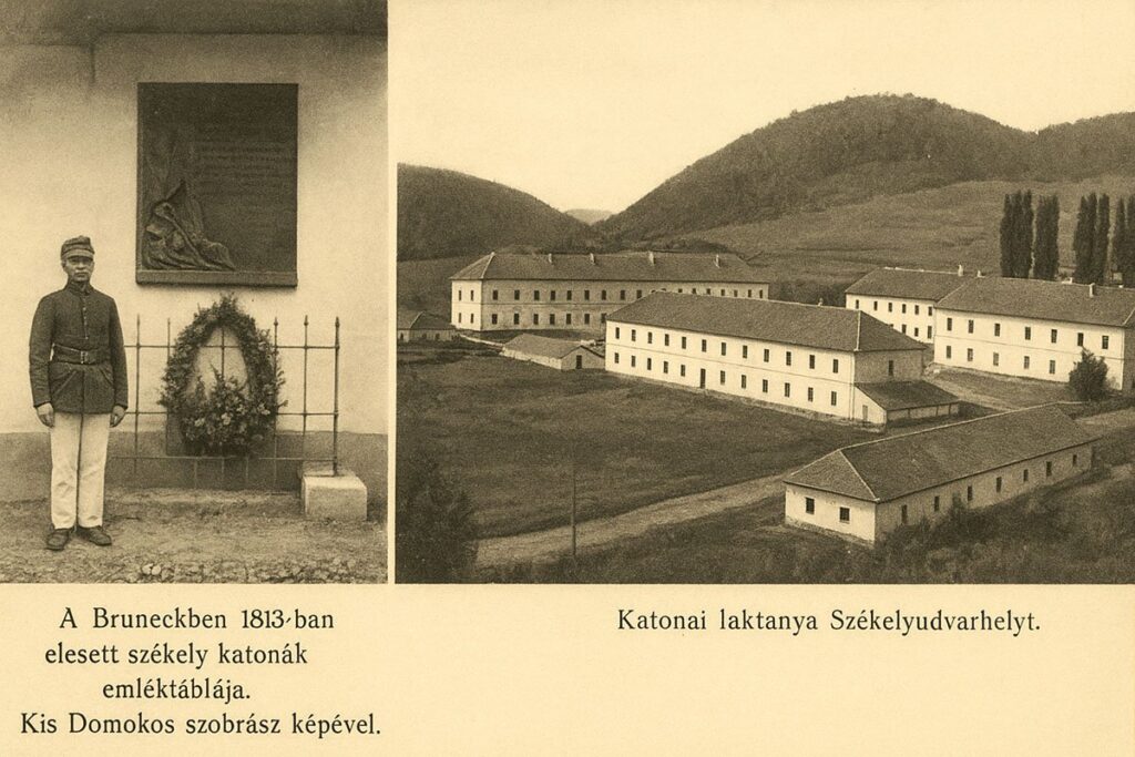 A Bruneckben 1813-ban elesett székely katonák emléktáblája (Kis Domokos szobrász képével) és a katonai laktanya Székelyudvarhelyen – régi képeslap