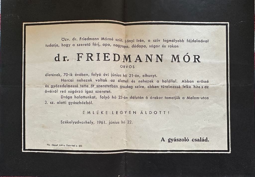Dr. Friedmann Mór gyászjelentése, 1961. június 22.